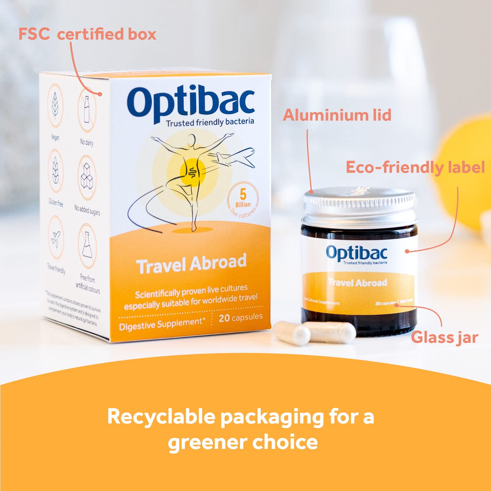 Lifestyle image of travel-friendly probiotic capsules