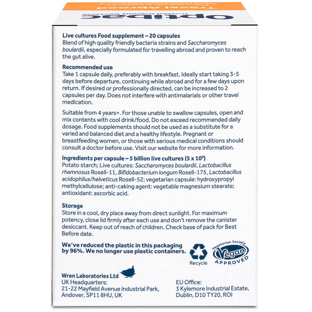 UK-made Optibac Probiotics Travelling Abroad product shot