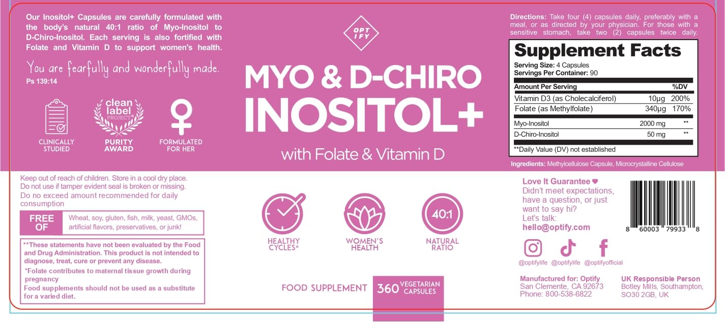 Optify Inositol for Women bottle back highlights 40:1 ratio for potency