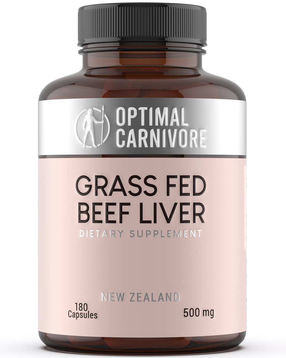 Bottle of Optimal Carnivore Grass Fed Beef Liver Capsules on white background