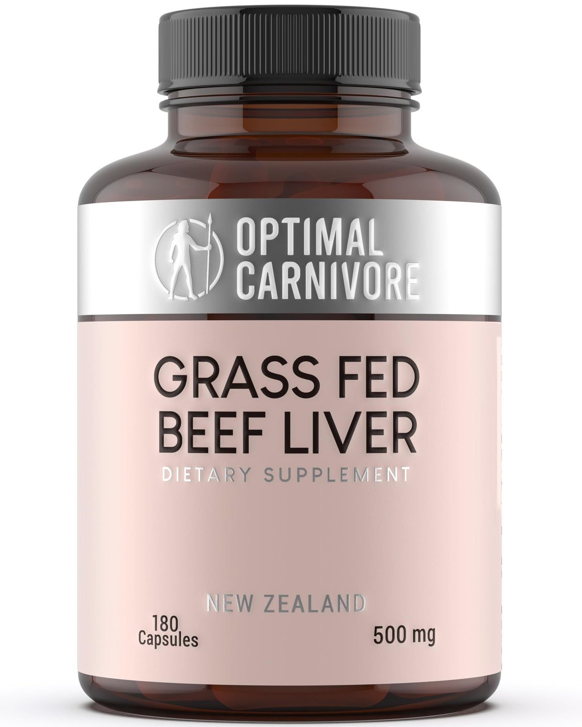 Bottle of Optimal Carnivore Grass Fed Beef Liver Capsules on white background