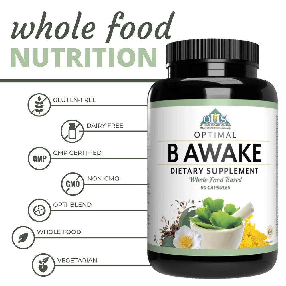 Optimal Health Systems B Awake label detail features whole-food vitamins and enzymes.