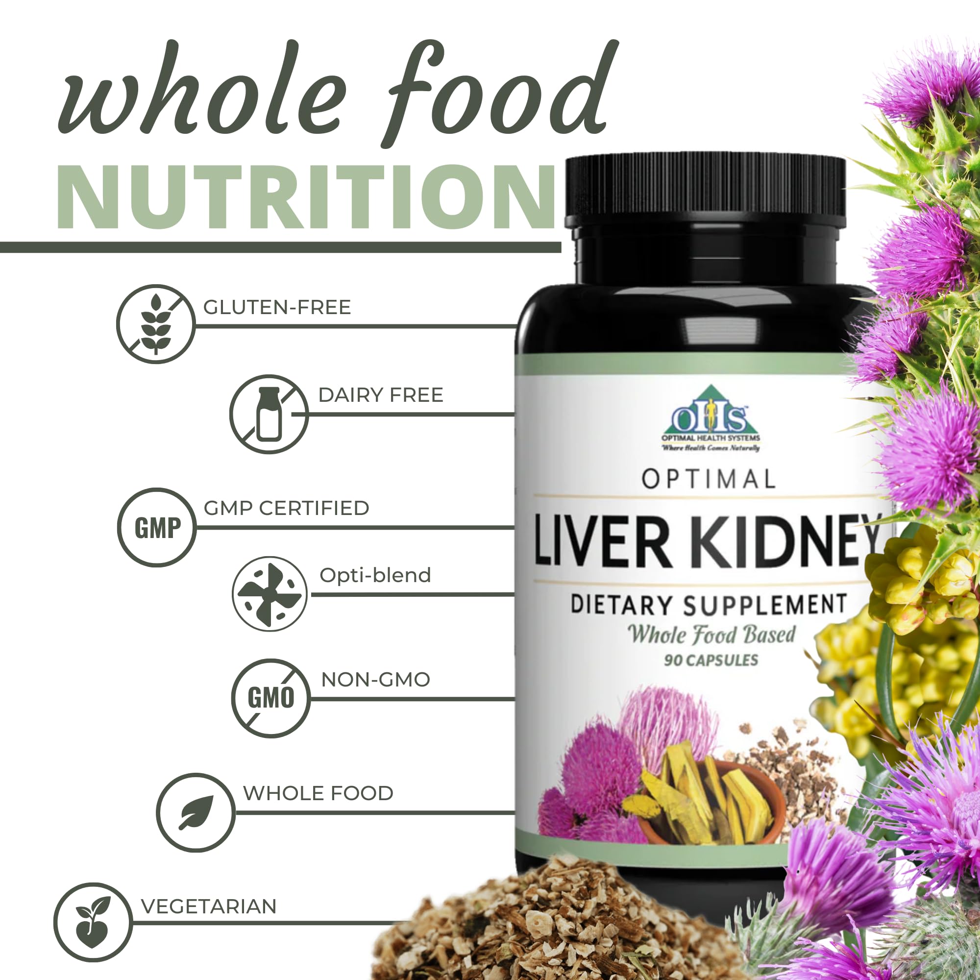 Optimal Health Systems Liver/Kidney Detox dandelion ingredient close-up suggests natural cleansing routine