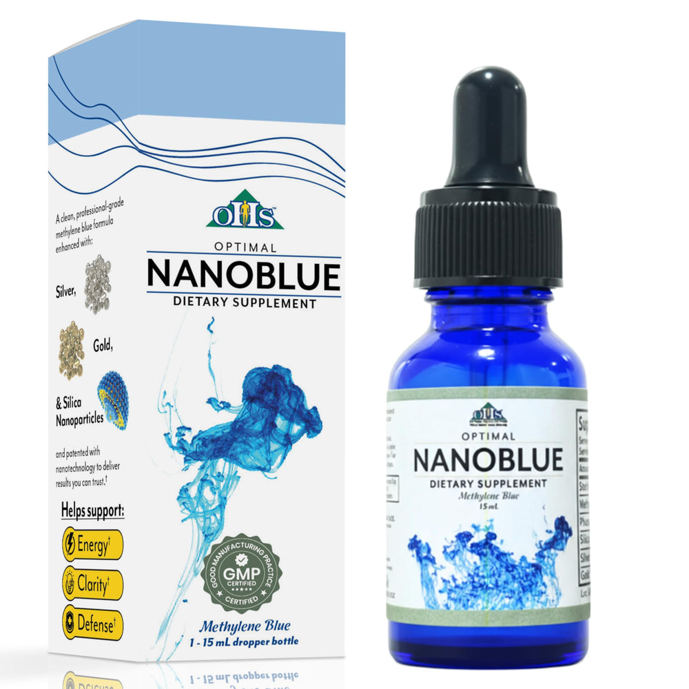 Optimal Health Systems NanoBlue bottle showcases patented methylene blue for daily energy support.