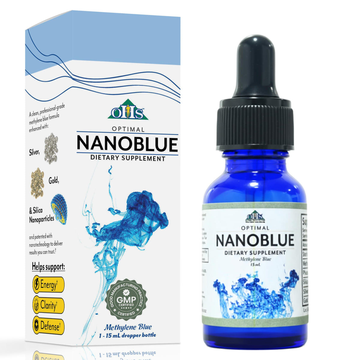 Optimal Health Systems NanoBlue bottle showcases patented methylene blue for daily energy support.