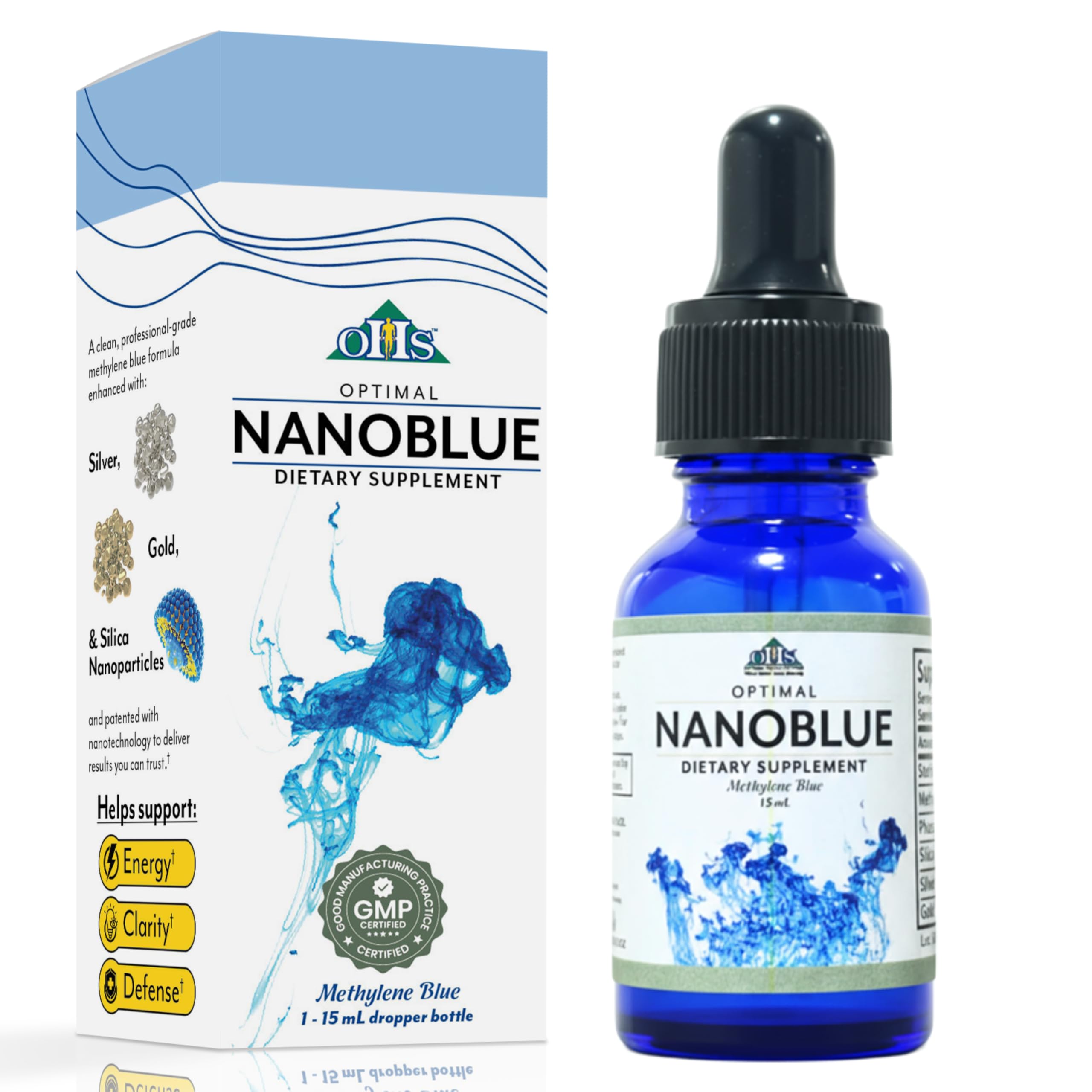 Optimal Health Systems NanoBlue bottle showcases patented methylene blue for daily energy support.