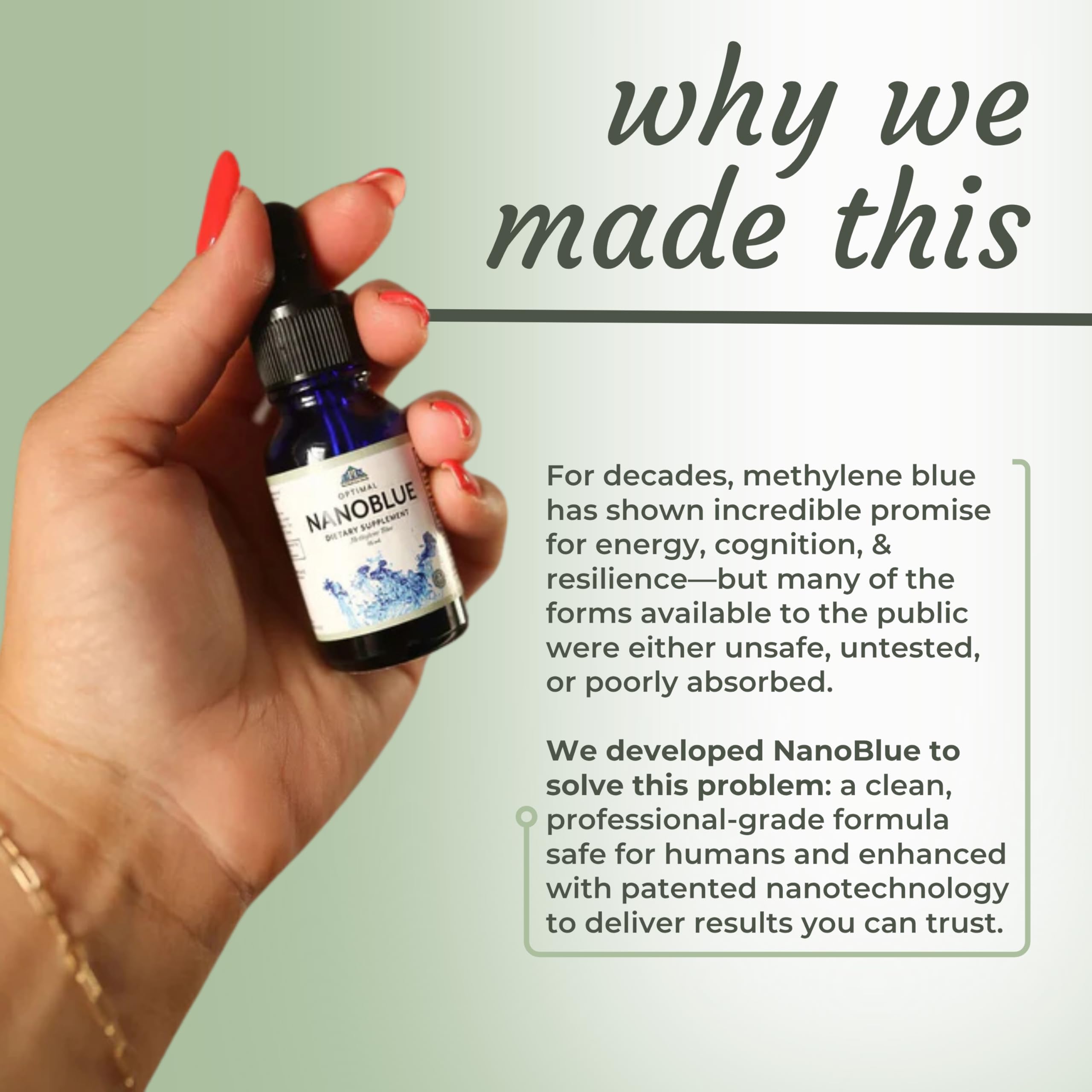 Optimal Health Systems NanoBlue patented formula label emphasizes unique formulation.