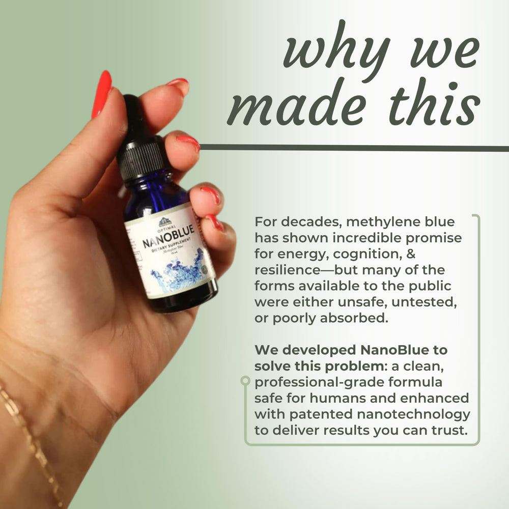 Optimal Health Systems NanoBlue patented formula label emphasizes unique formulation.