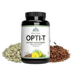 Optimal Opti-T bottle label highlighting herbal blend for everyday vitality and balance.