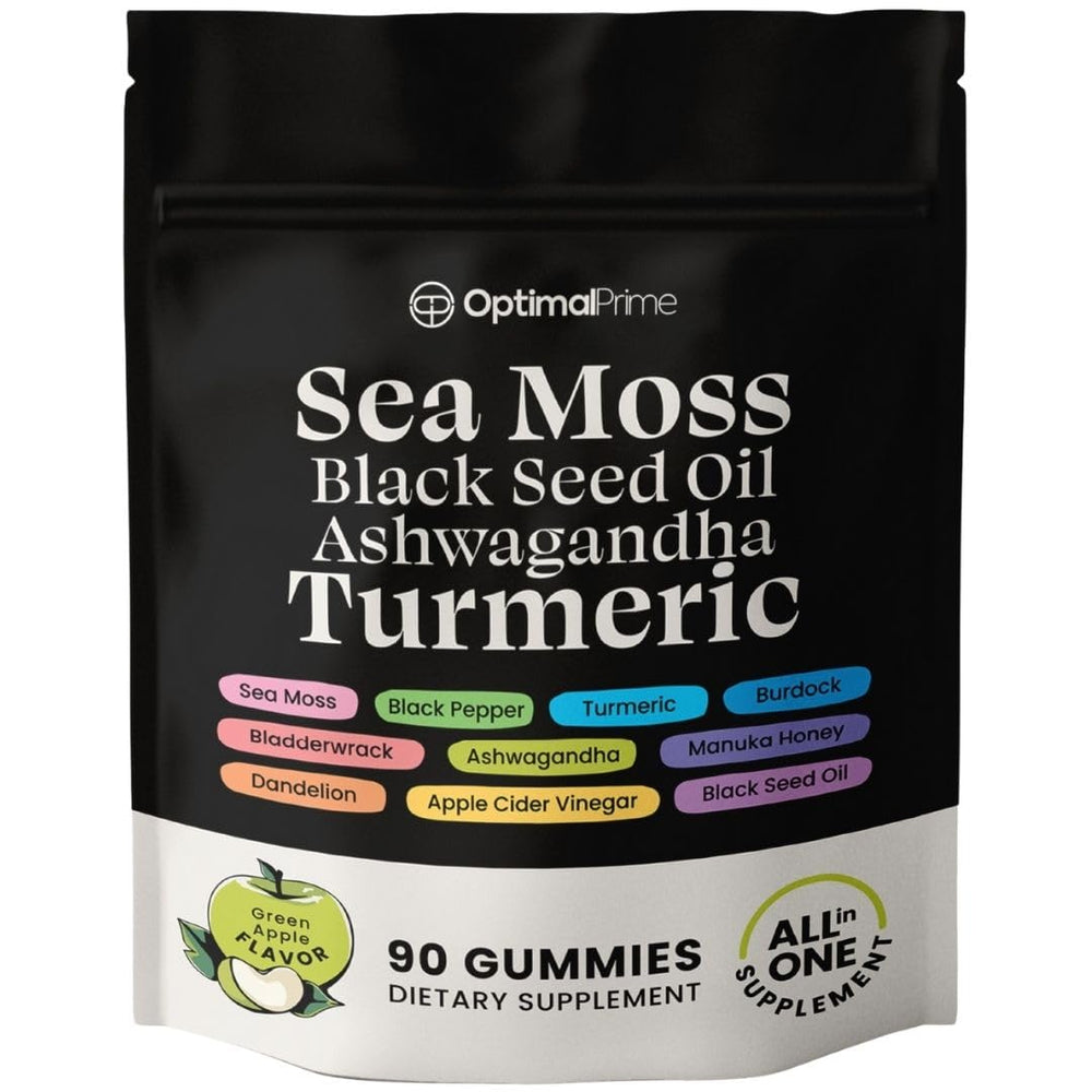 Product front view of Optimal Prime Sea Moss & Black Seed Oil Gummies, 90-count bottle