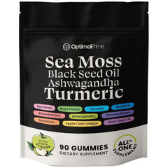 Product front view of Optimal Prime Sea Moss & Black Seed Oil Gummies, 90-count bottle