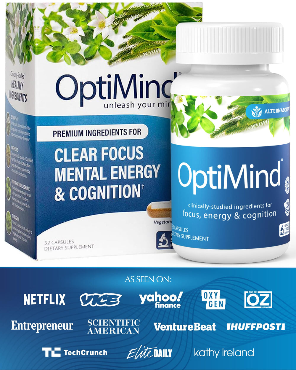 Optimind B1 and B12 vitamins bottle emphasize brain health support.