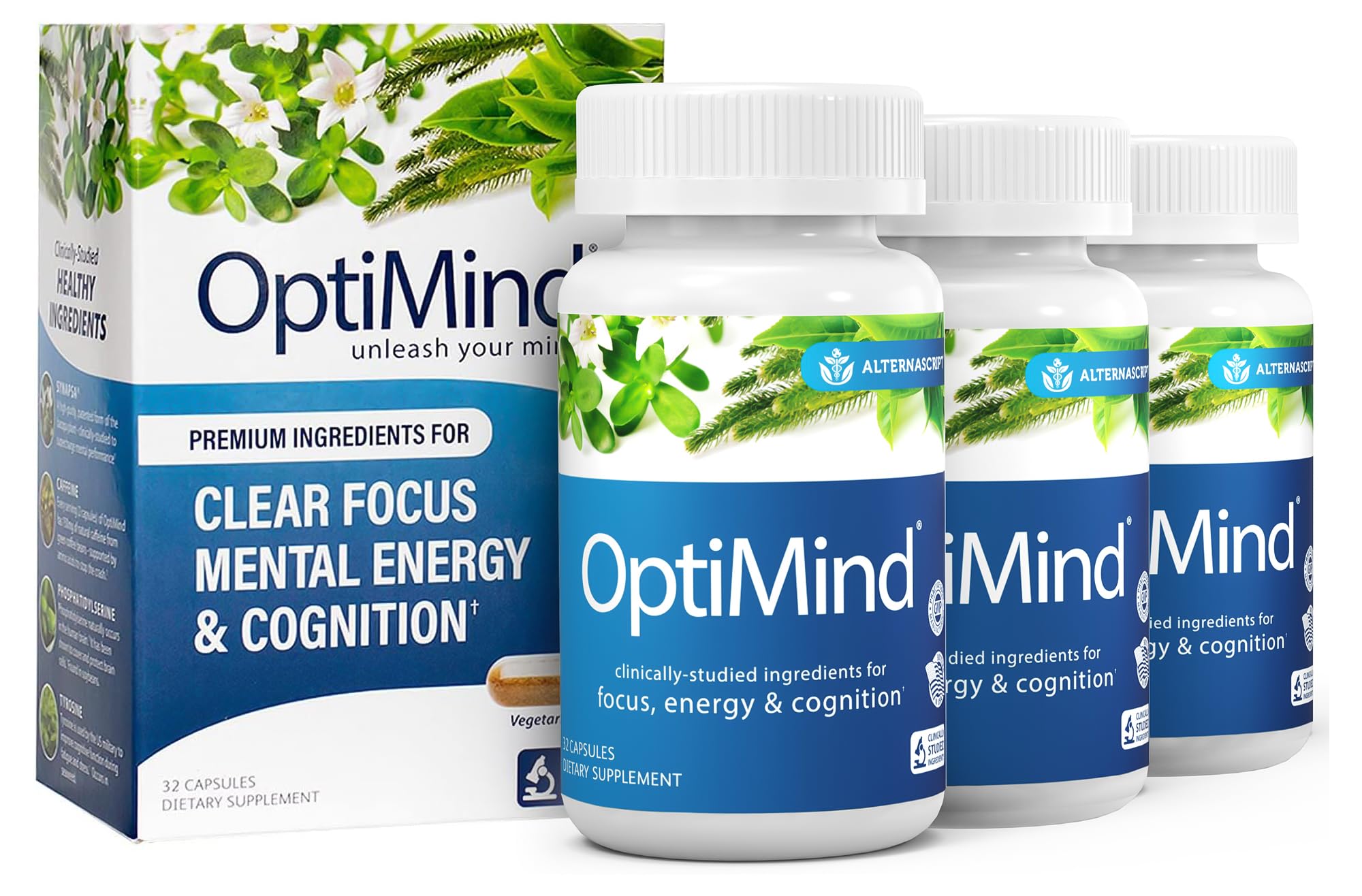 Optimind bottle closeup highlighting brain-supporting formula for focus