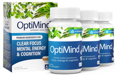 Optimind bottle closeup highlighting brain-supporting formula for focus