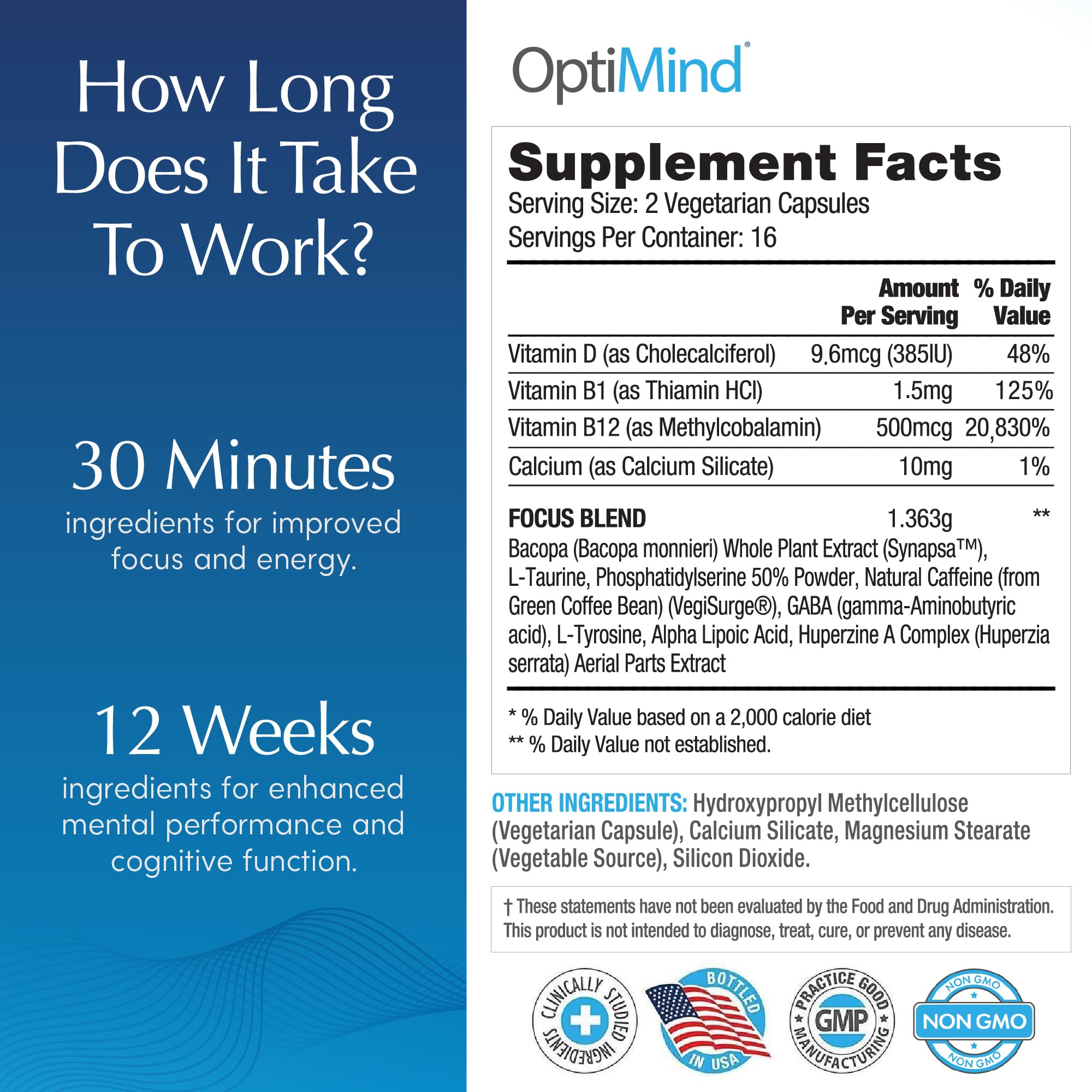 Optimind capsule bottle cap pouring for easy daily dosing.
