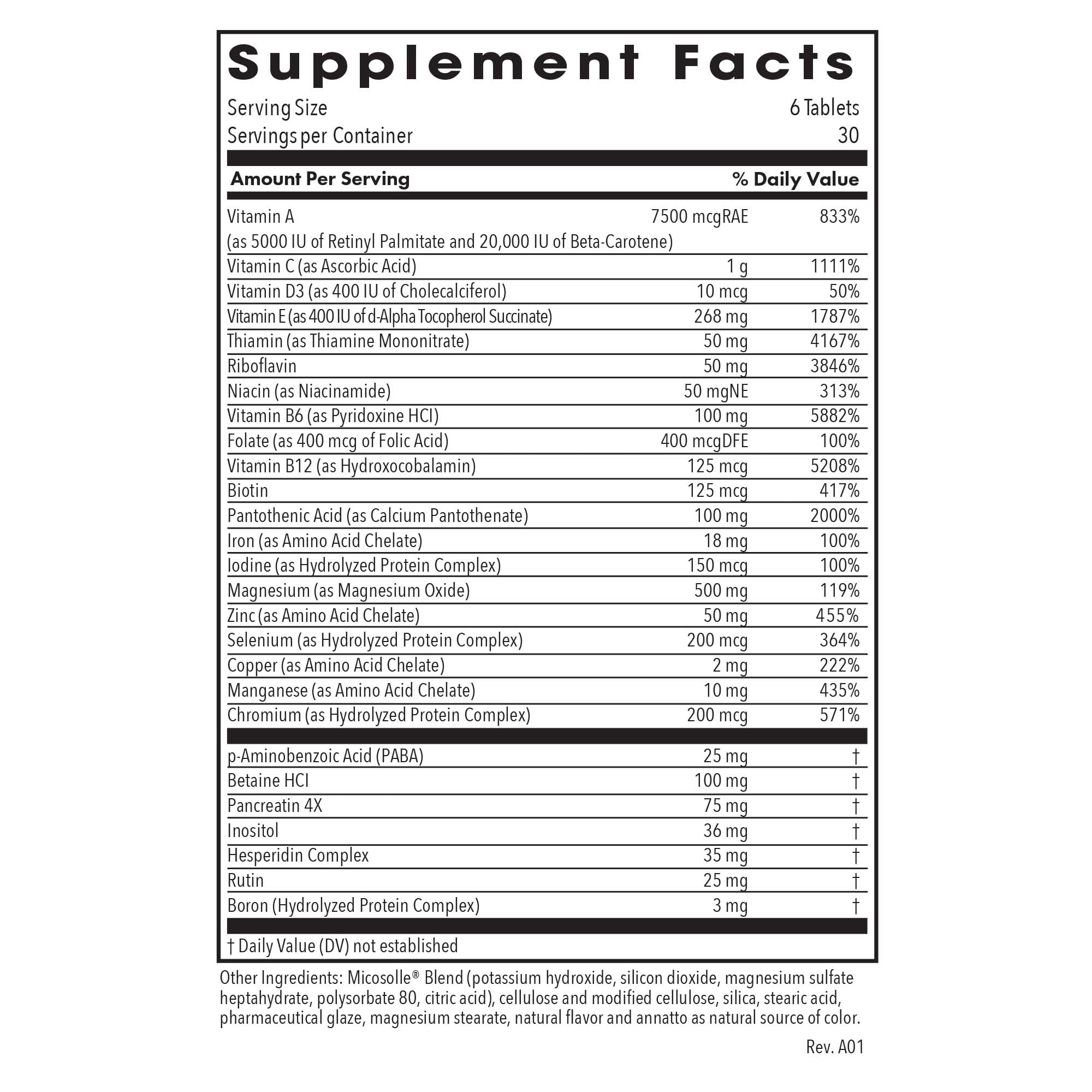 Nutrition facts panel for Androvite for Men