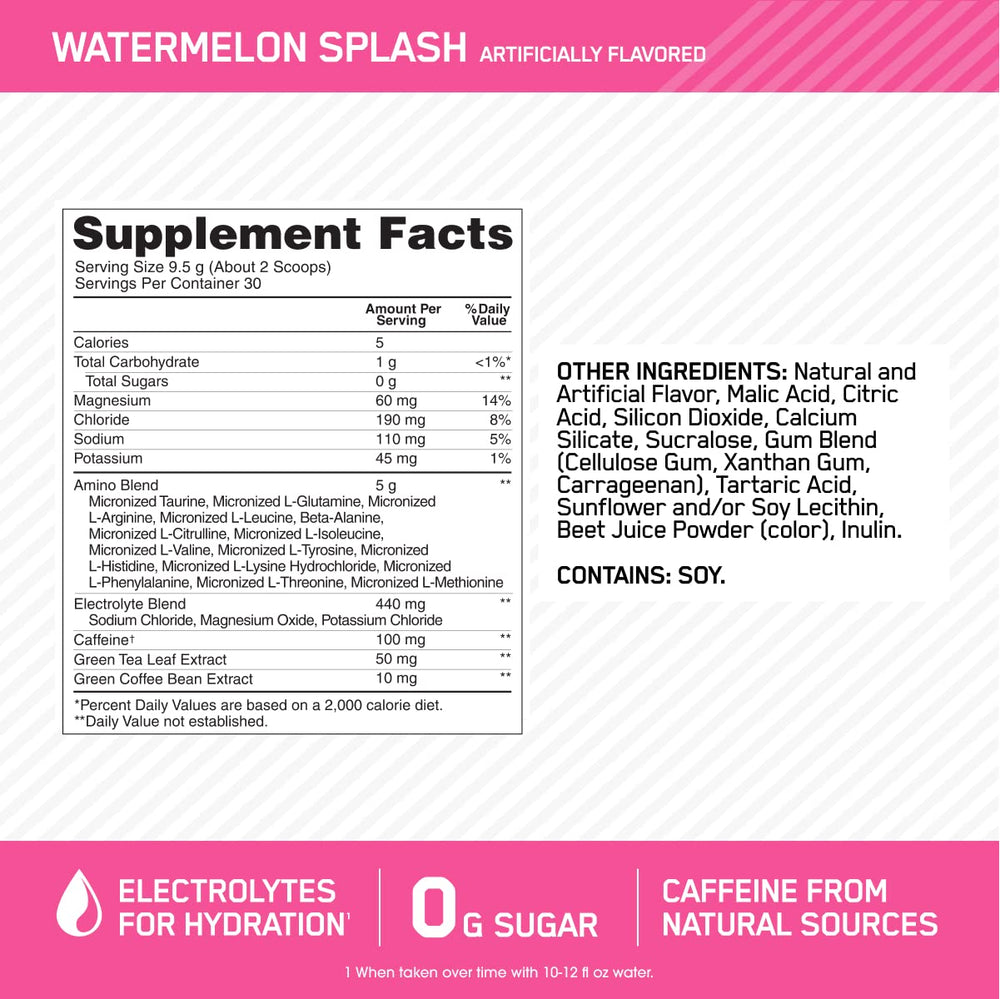 Amino Energy Watermelon 30 Servings back packaging and nutrition facts