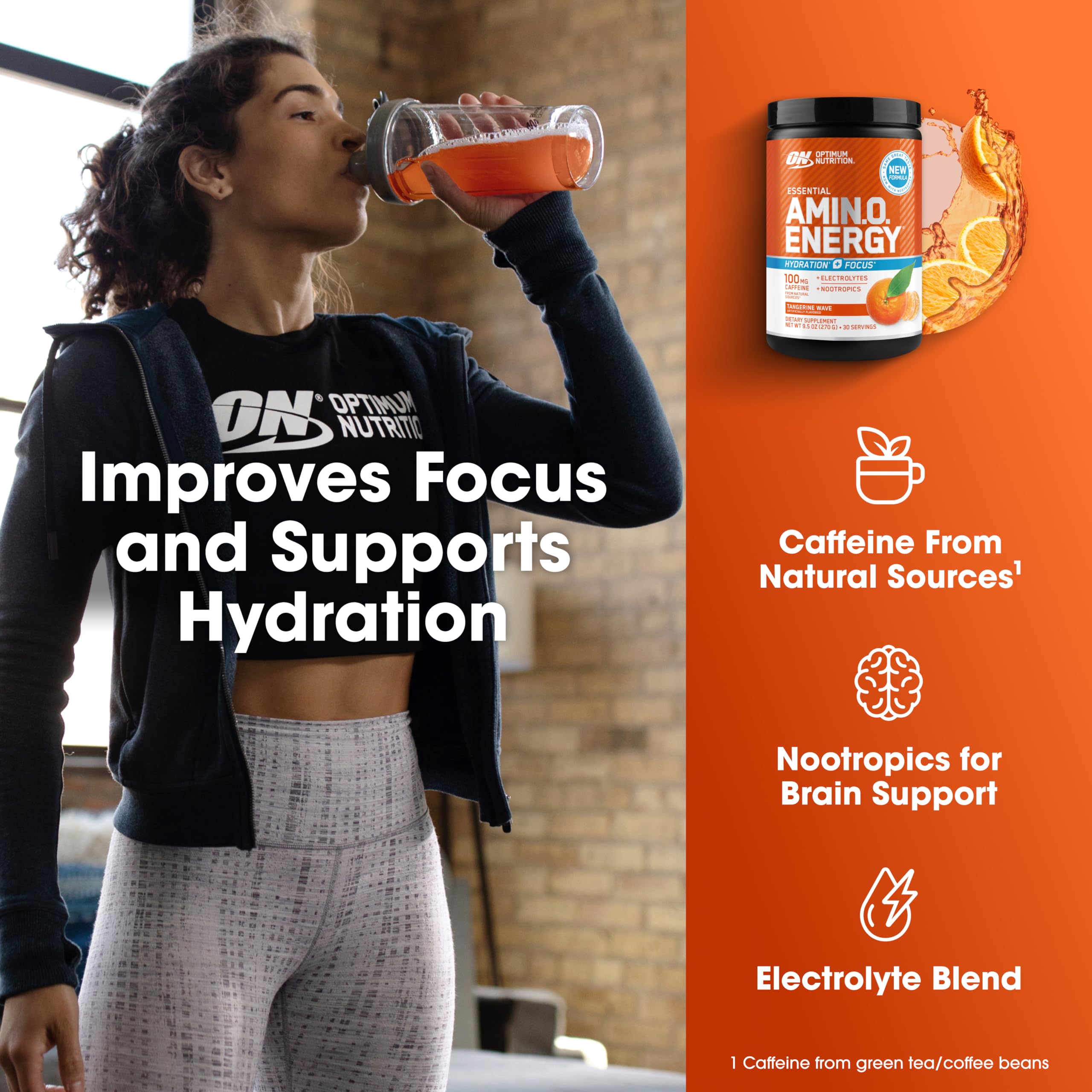 Optimum Nutrition Amino Energy packaging notes natural caffeine sources.