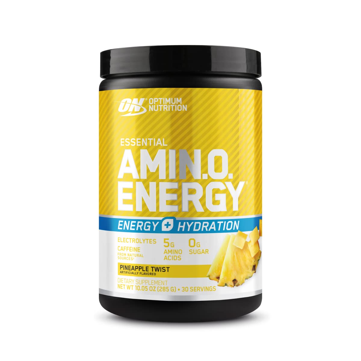 Front packaging of Optimum Nutrition Amino Energy Plus Hydration Pineapple Twist 30 servings.
