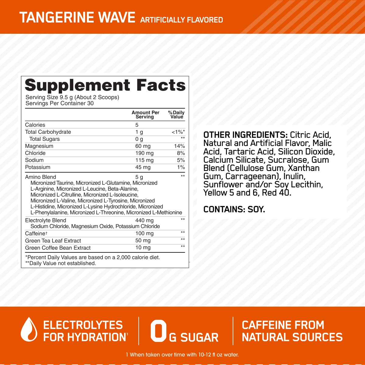 Back label with nutrition information on Amino Energy Tangerine Wave