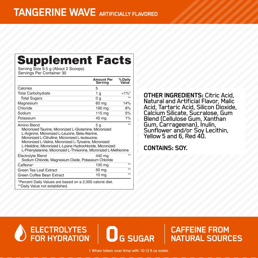 Back label with nutrition information on Amino Energy Tangerine Wave