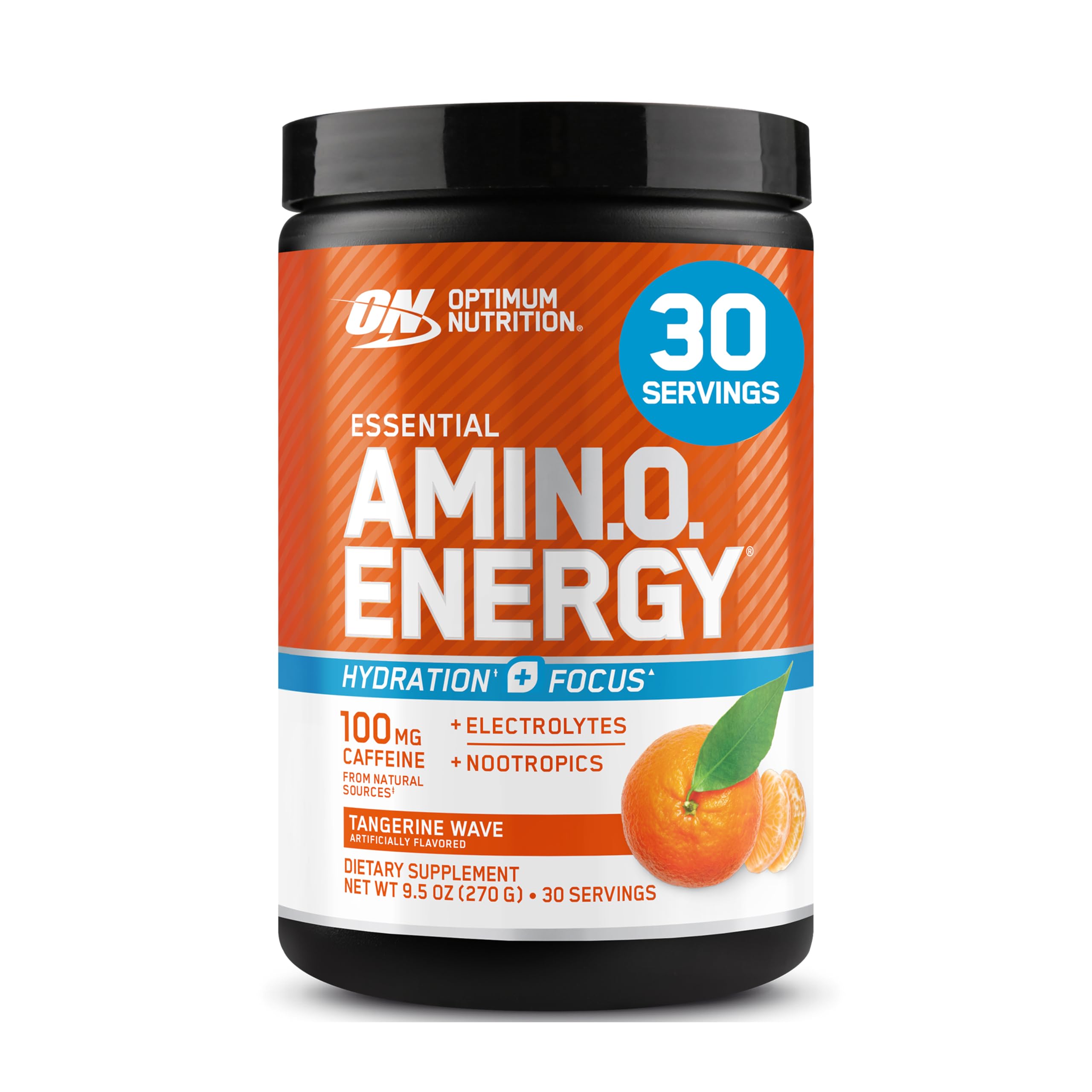 Optimum Nutrition Amino Energy Tangerine Wave canister close-up highlighting energy and hydration.