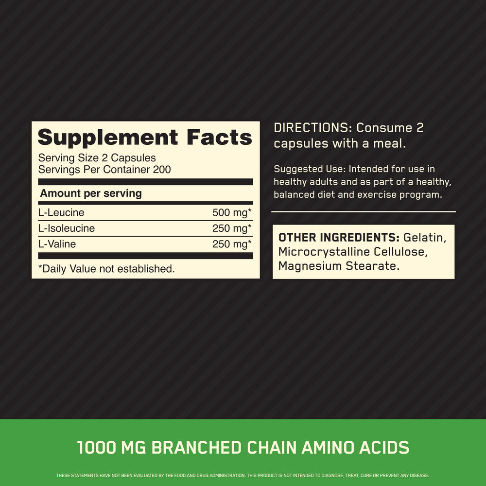 Close-up of Optimum Nutrition BCAA 1000 capsules label