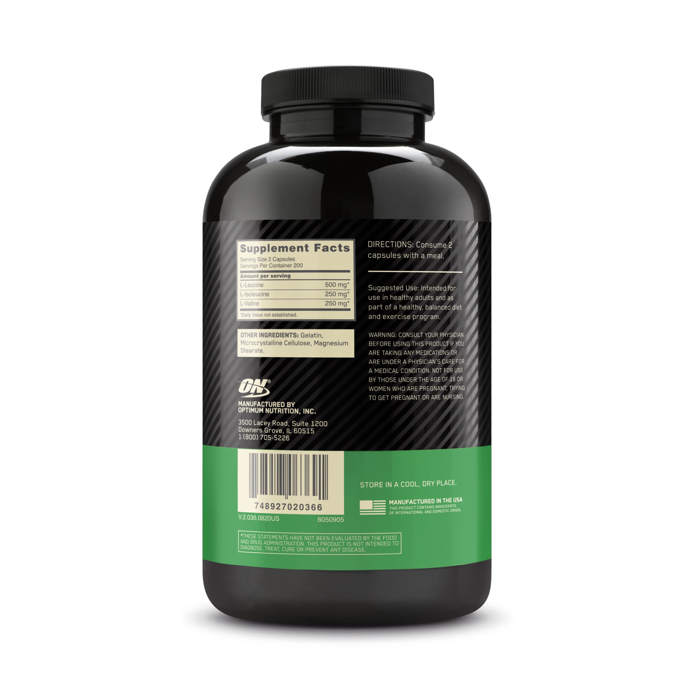 Packaging box and bottle of Optimum Nutrition BCAA 1000 400 capsules