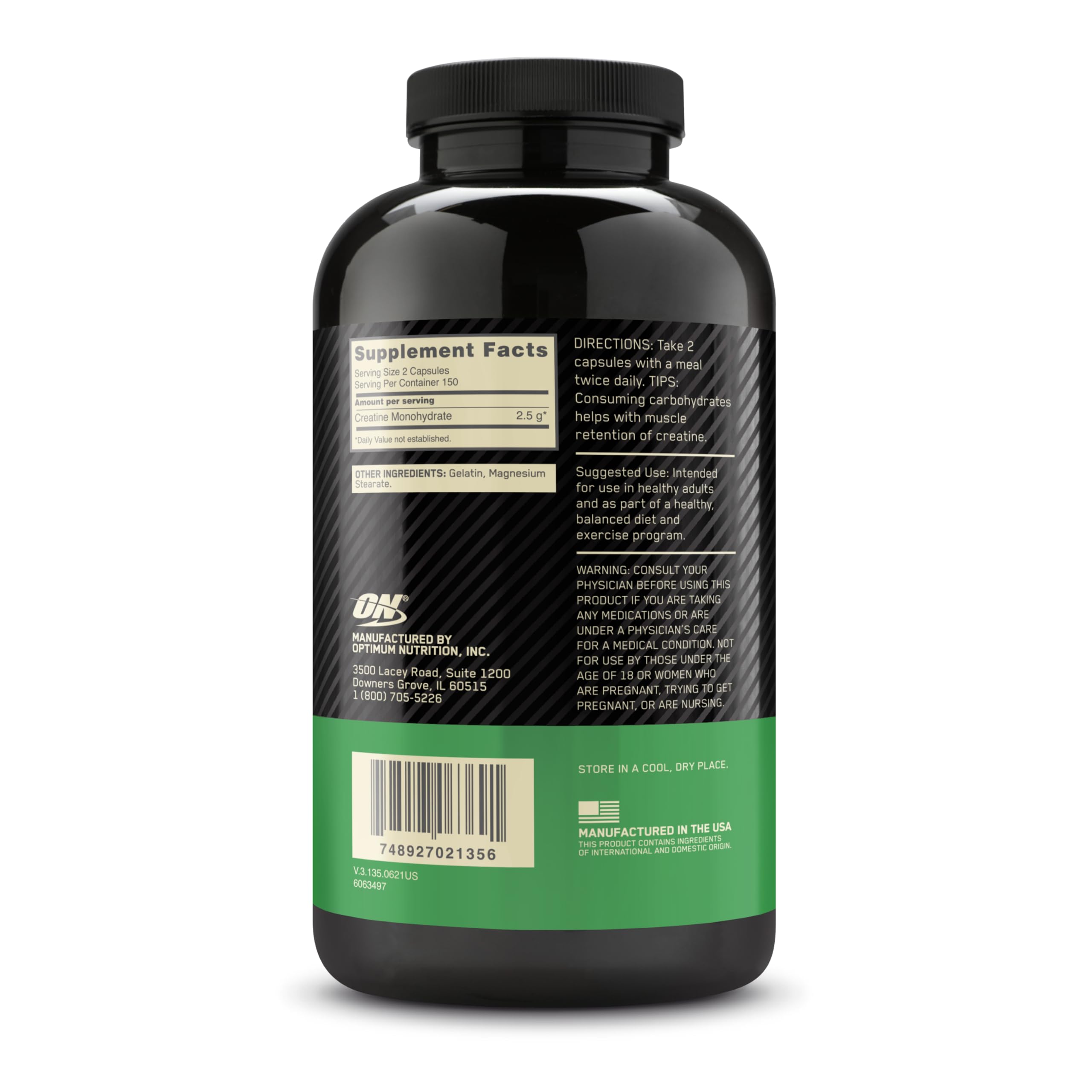 Optimum Nutrition Creatine 2500 HACCP and GMP logos on packaging