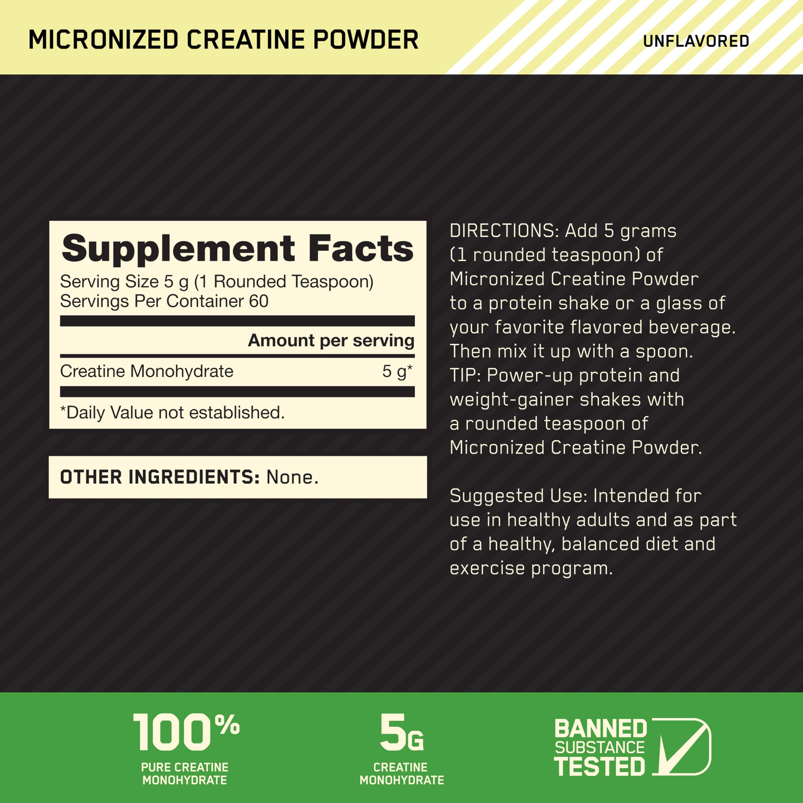 5 g creatine monohydrate per serving label on jar