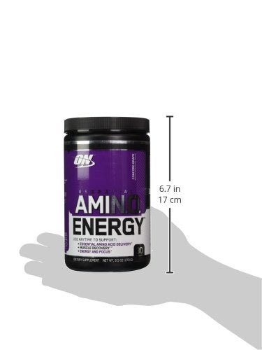 Optimum Nutrition Essential Amino Energy Concord Grape scoop beside tub suggests quick mixing
