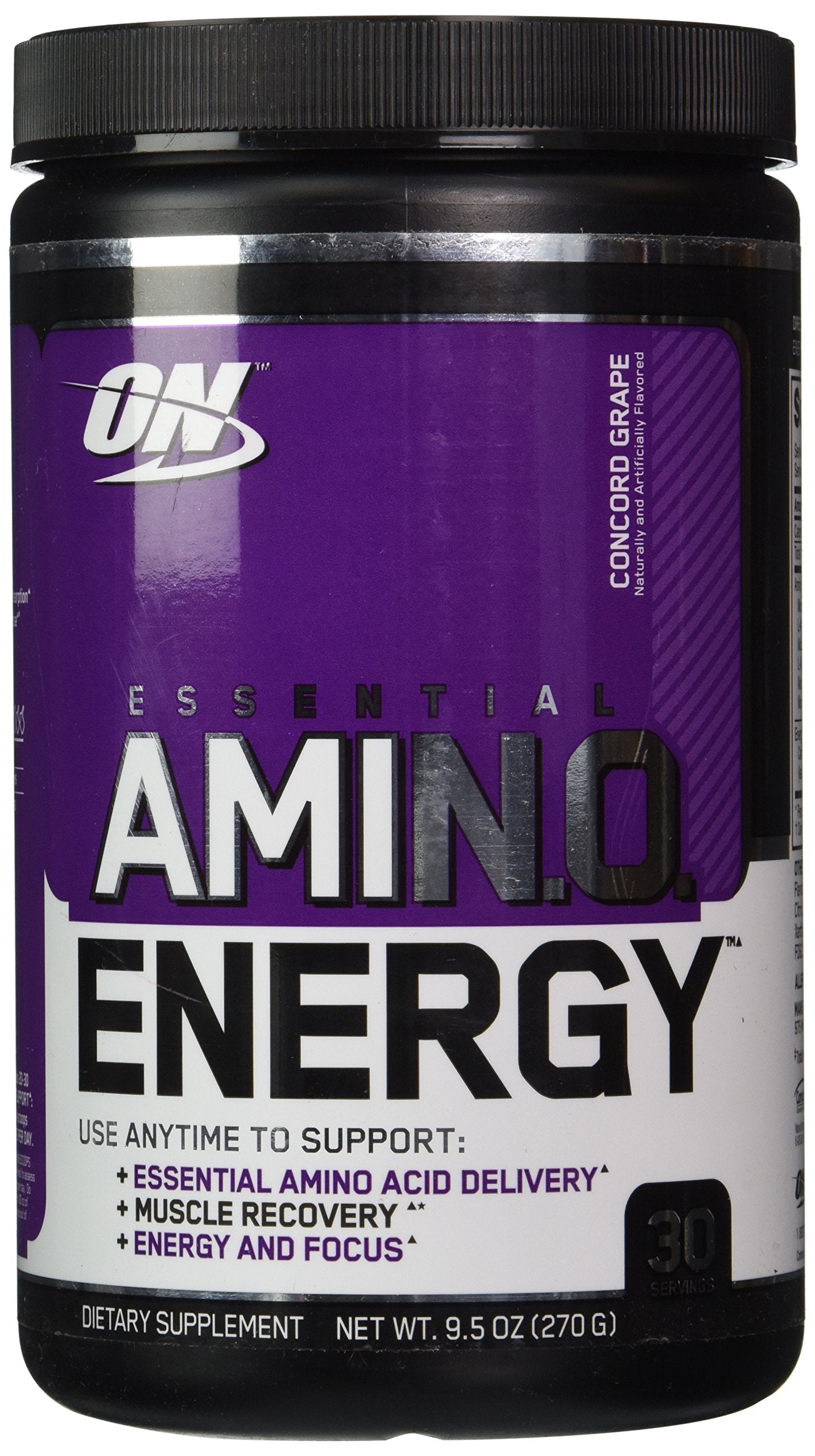 Optimum Nutrition Essential Amino Energy Concord Grape tub front for a grape-flavored pre-workout option