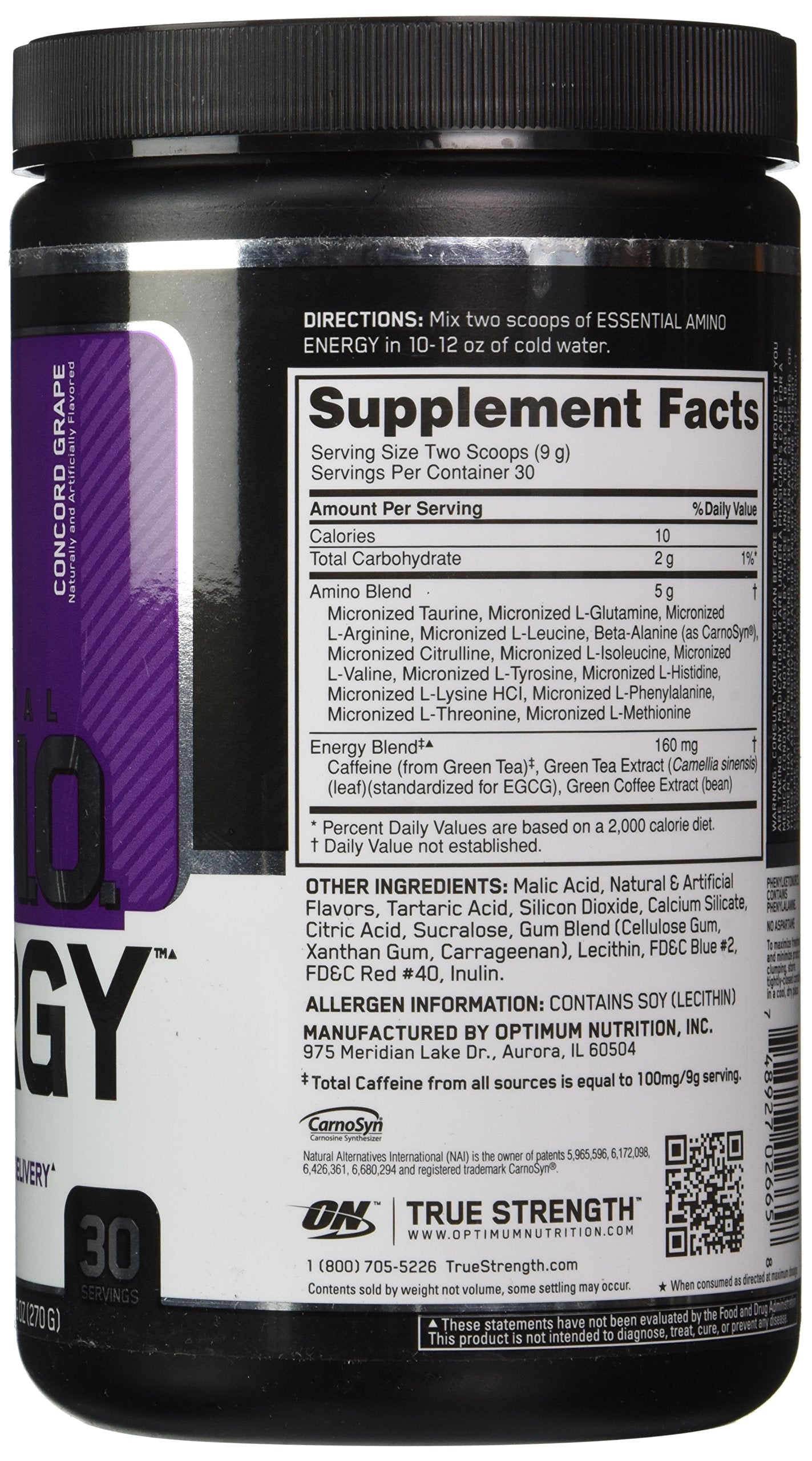 Optimum Nutrition Essential Amino Energy Concord Grape label close-up highlights amino acids for fitness support