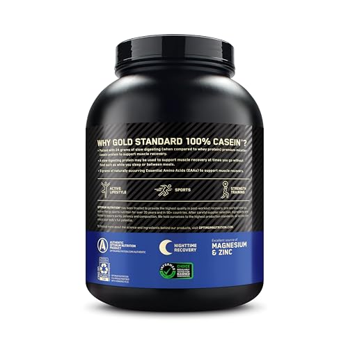 Optimum Nutrition Gold Standard Casein night-time recovery setup—tasteful, long-lasting protein option.