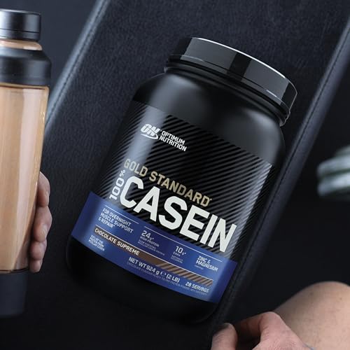 Optimum Nutrition Gold Standard Casein shaker with powder—convenient gym bag friendly protein.