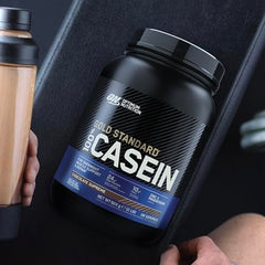Optimum Nutrition Gold Standard Casein shaker with powder—convenient gym bag friendly protein.