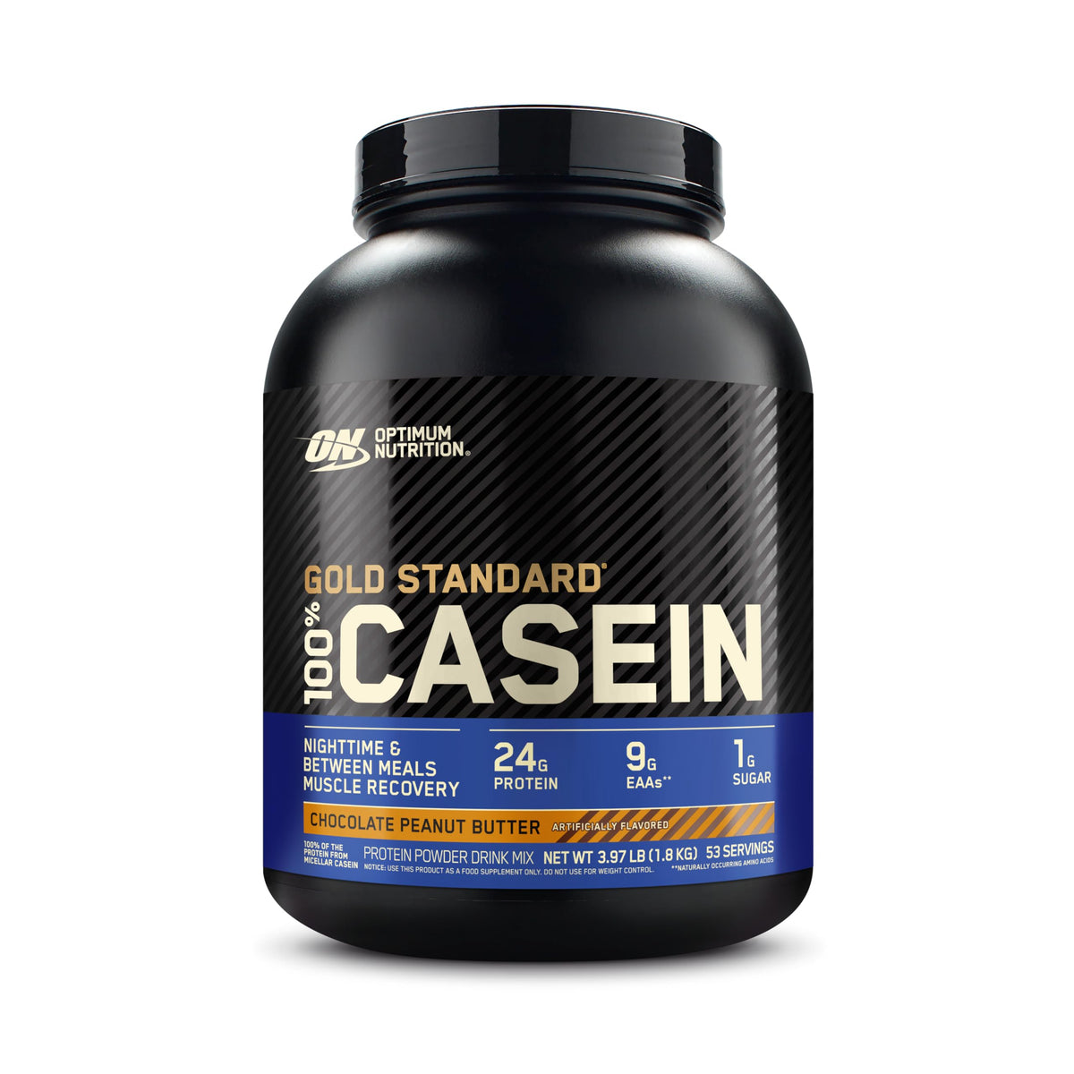 Optimum Nutrition Gold Standard Casein tub front label—premium night-time protein for steady amino acids.