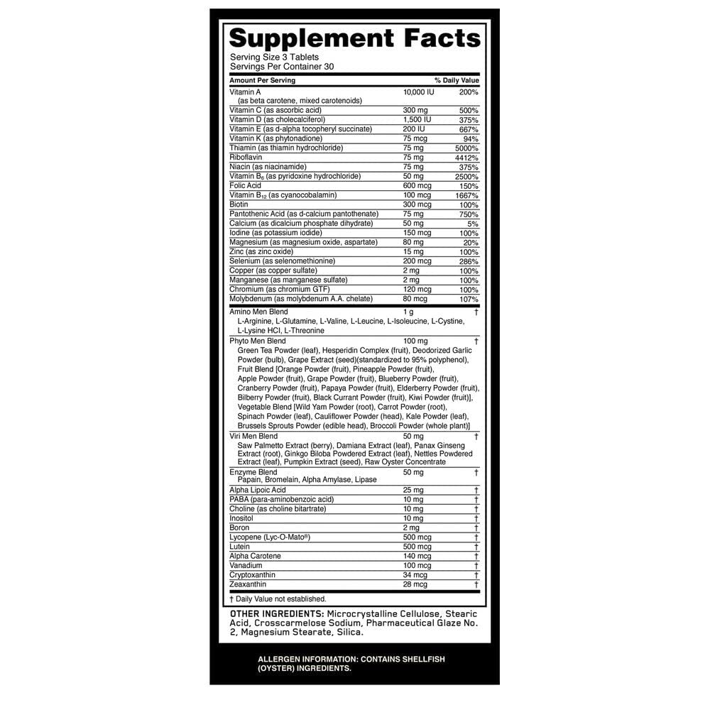 Optimum Nutrition Opti-Men viri-blend graphic highlights botanicals and marine concentrates for variety