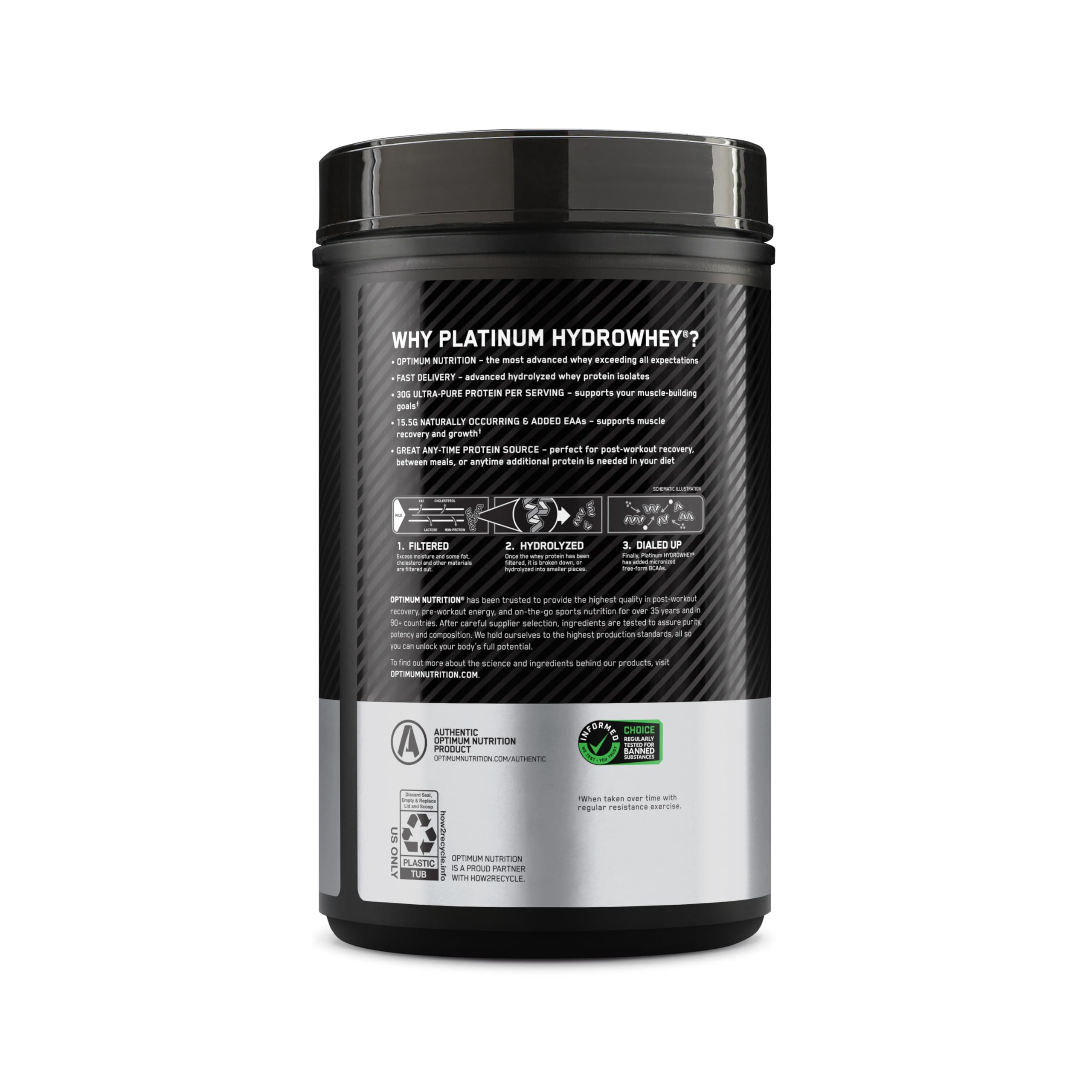 Optimum Nutrition Hydrowhey nutrition facts panel notes 30 g protein per serving.