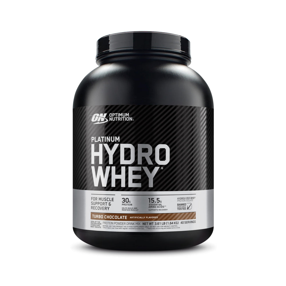 Optimum Nutrition Platinum Hydrowhey Turbo Chocolate tub front view