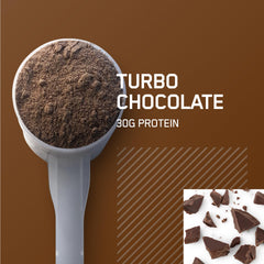 Hydrowhey protein powder scoop with Turbo Chocolate label