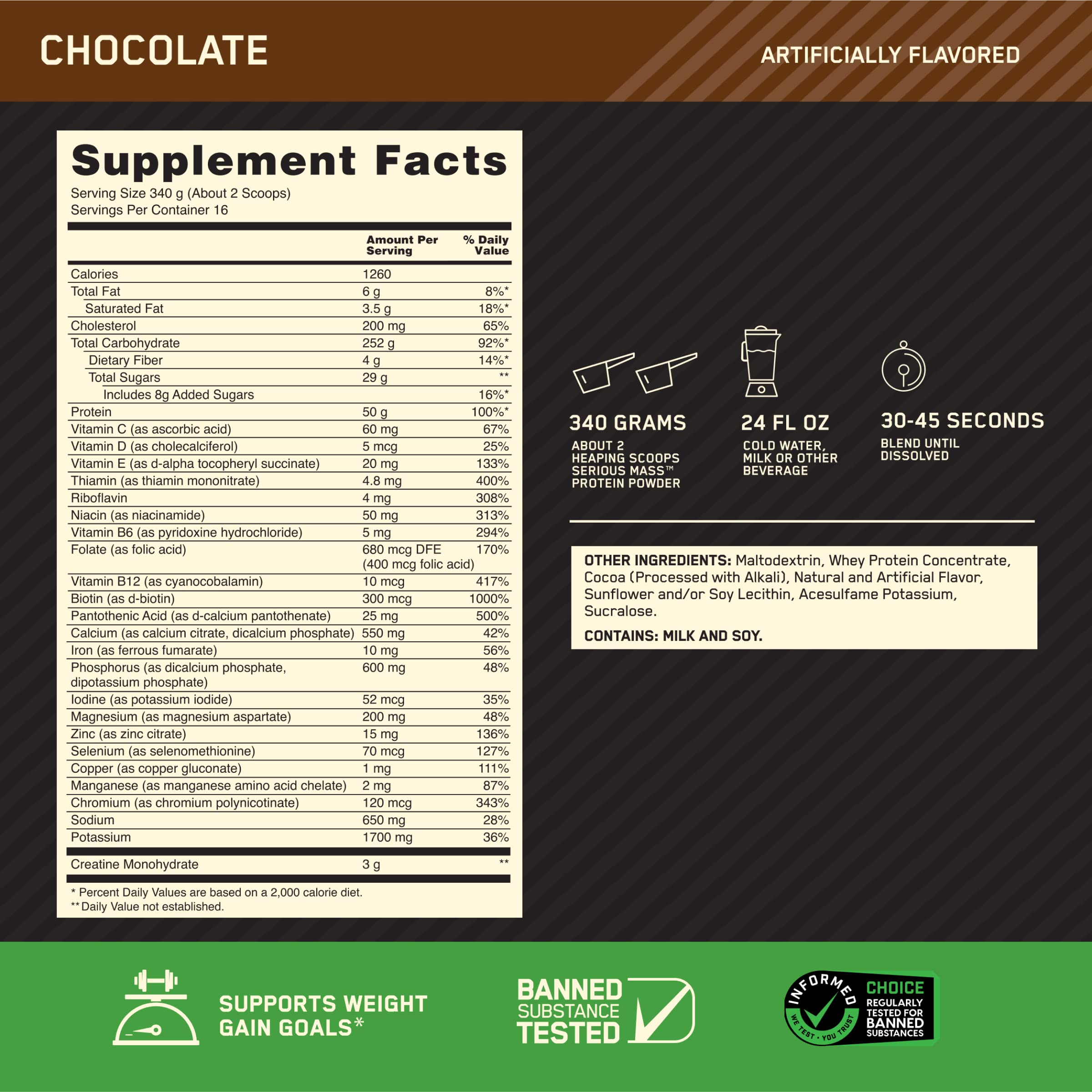 Nutrition facts panel for Serious Mass Chocolate 12 lb