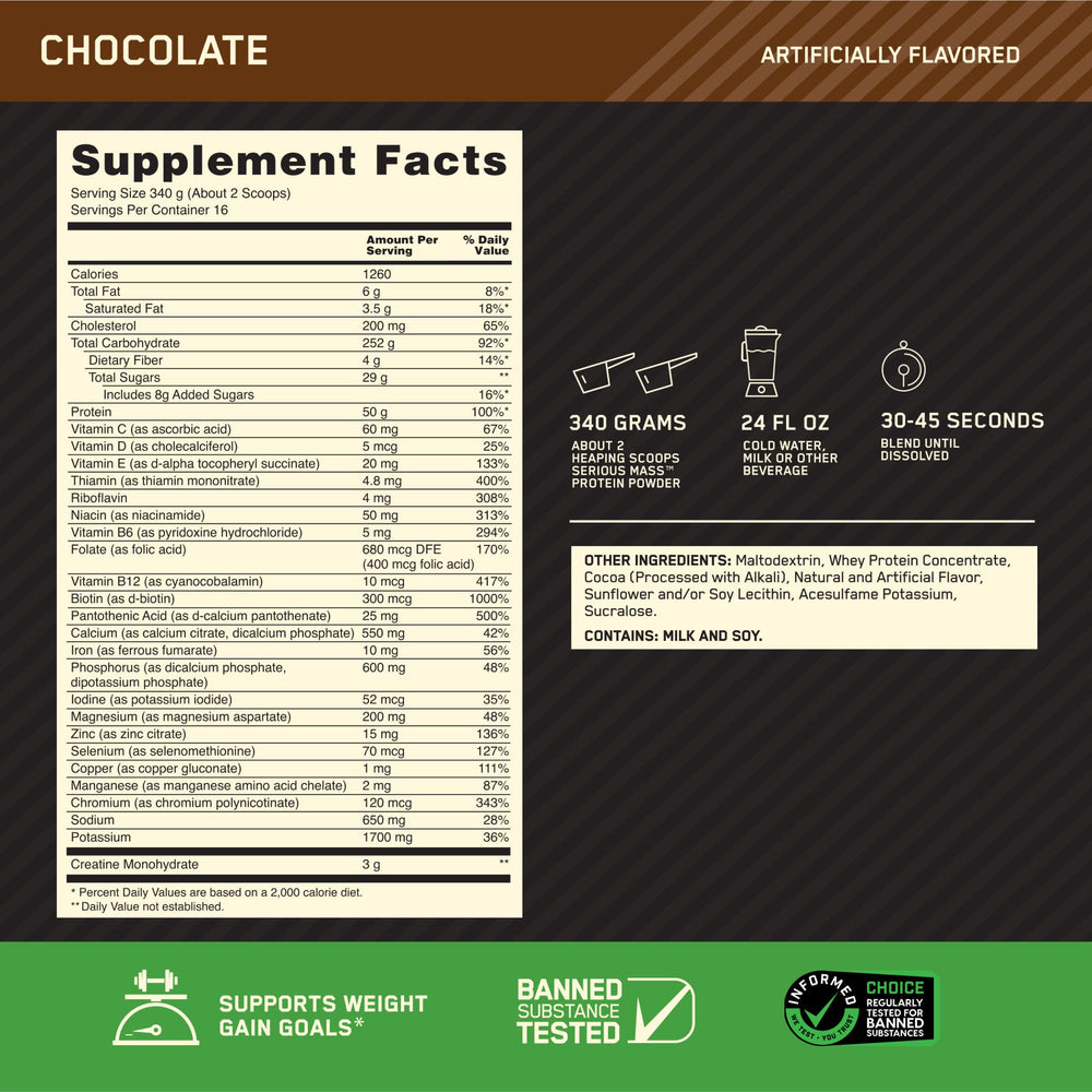 Nutrition facts panel for Serious Mass Chocolate 12 lb