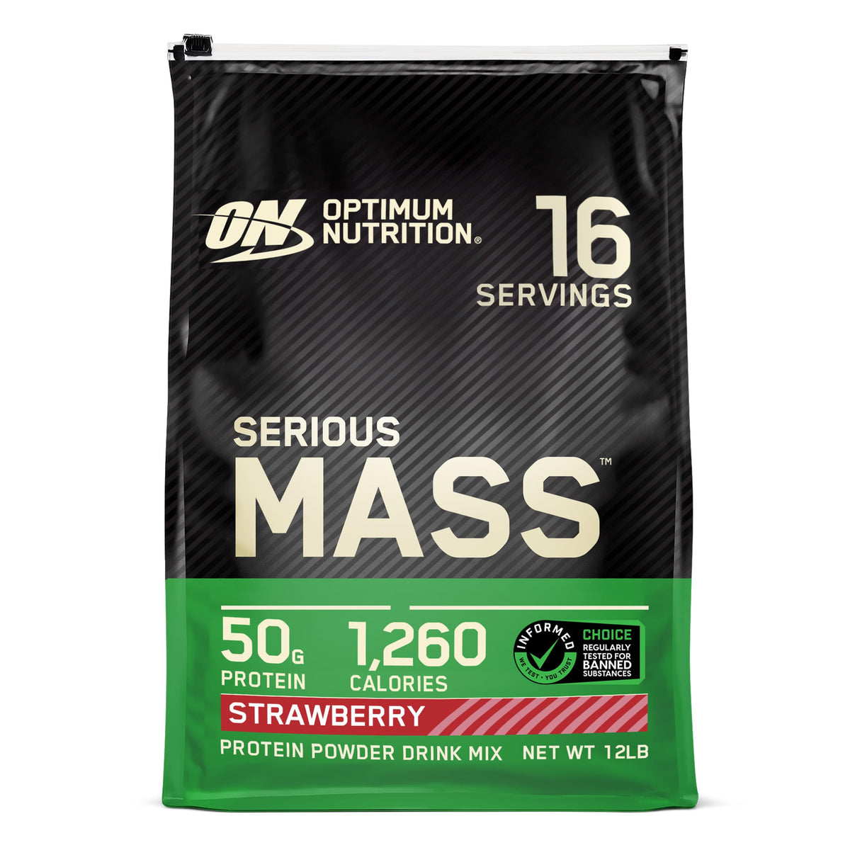 Front view of Optimum Nutrition Serious Mass Strawberry 12 lb packaging