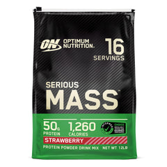 Front view of Optimum Nutrition Serious Mass Strawberry 12 lb packaging