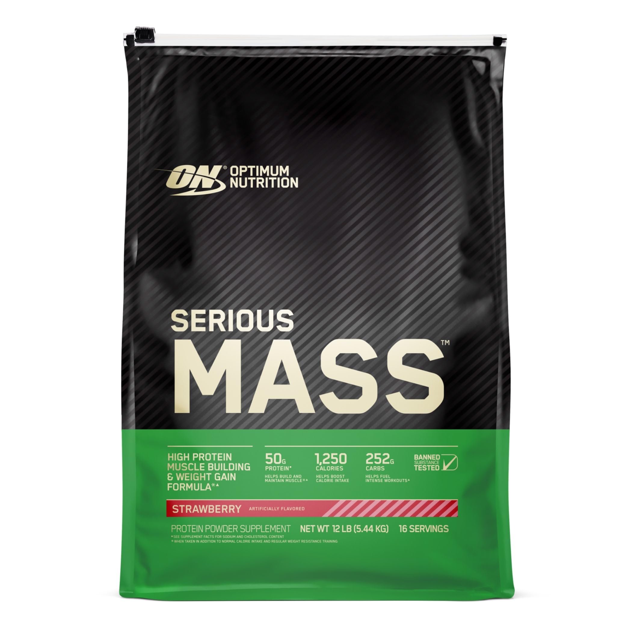 Optimum Nutrition Serious Mass packaging showcases mass gain support for athletes.