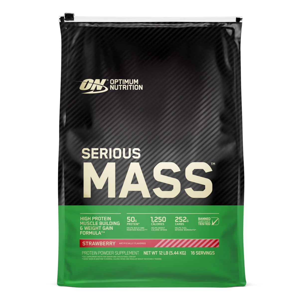 Optimum Nutrition Serious Mass packaging showcases mass gain support for athletes.
