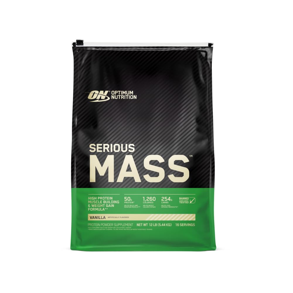 Front view of Optimum Nutrition Serious Mass Vanilla 12 lb container