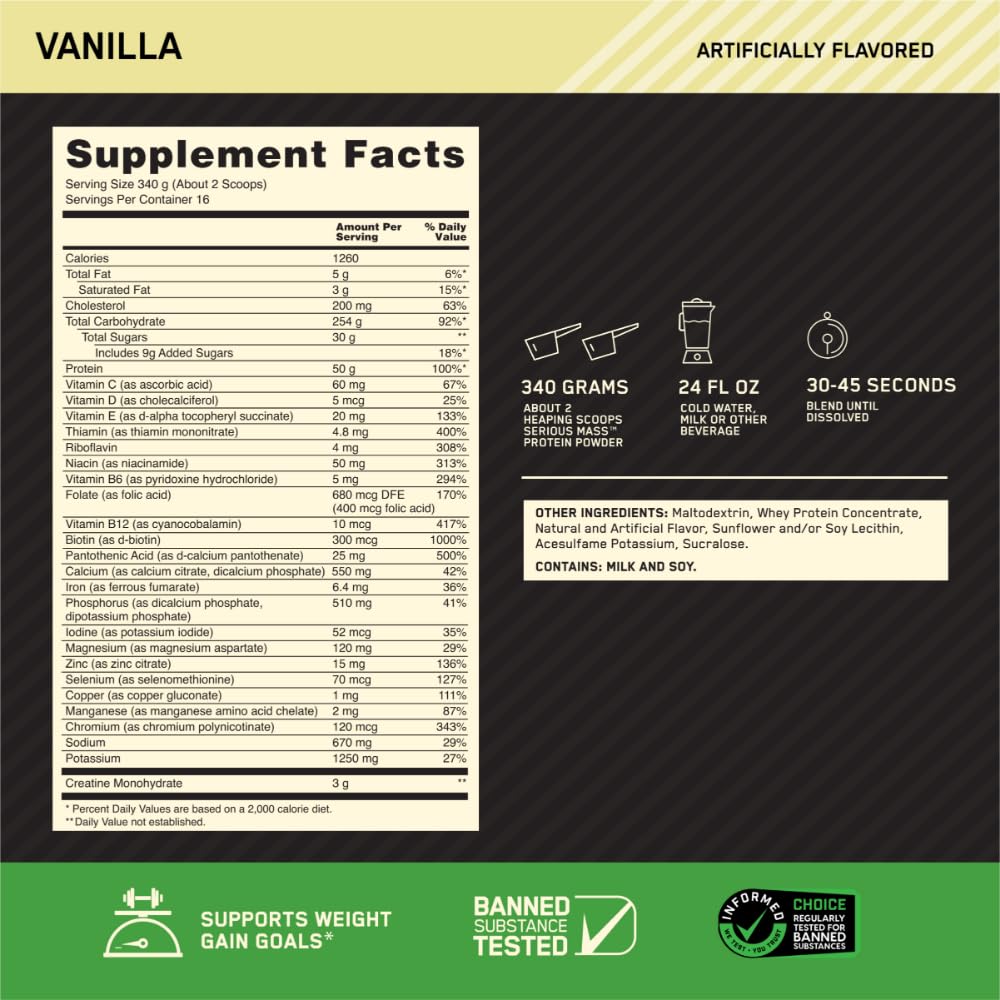 Side view of Optimum Nutrition Serious Mass Vanilla 12 lb container