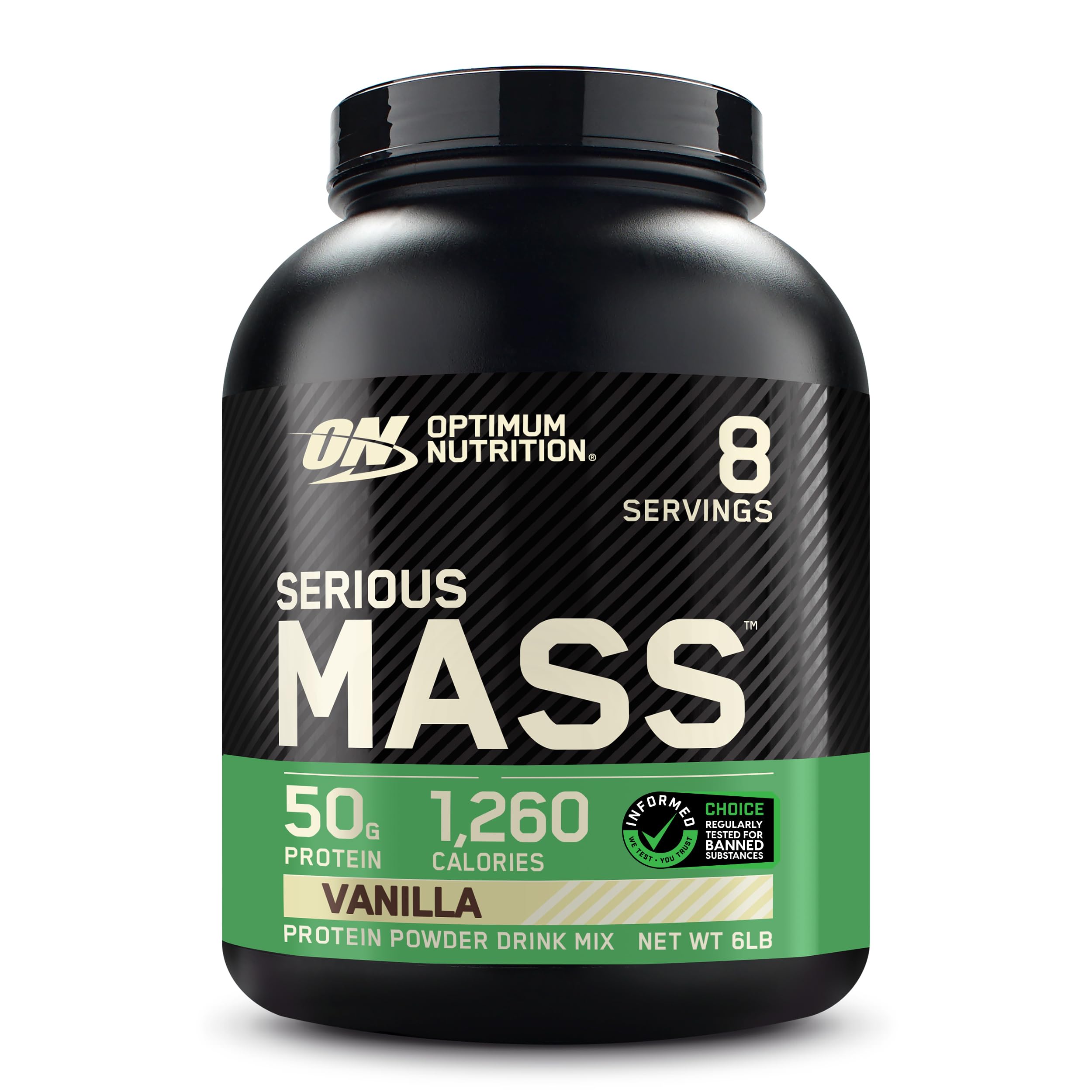 Front view of Optimum Nutrition Serious Mass Vanilla 6 lb container